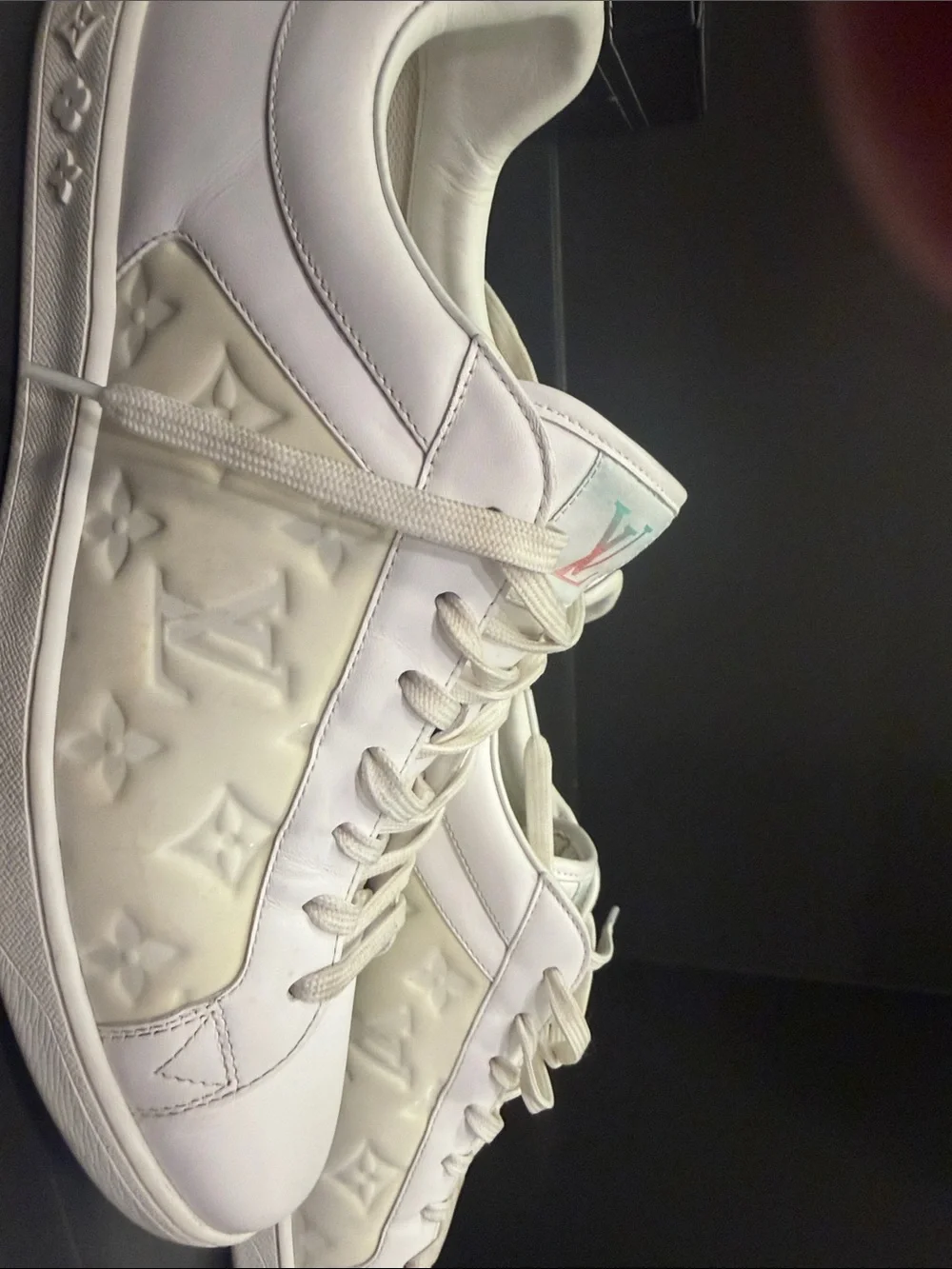Louis Vuitton White Leather Monogram Low-Top Sneakers with Pastel Logo